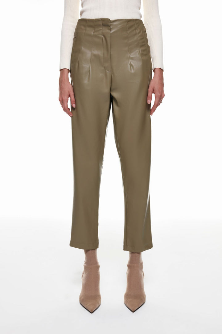 Pens Detaylı Deri Pantolon Koyu Haki