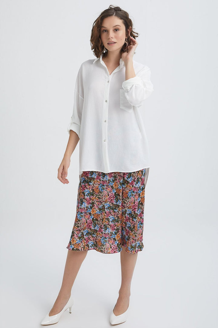 Arkası Nakışlı Uzun Gömlek Ekru