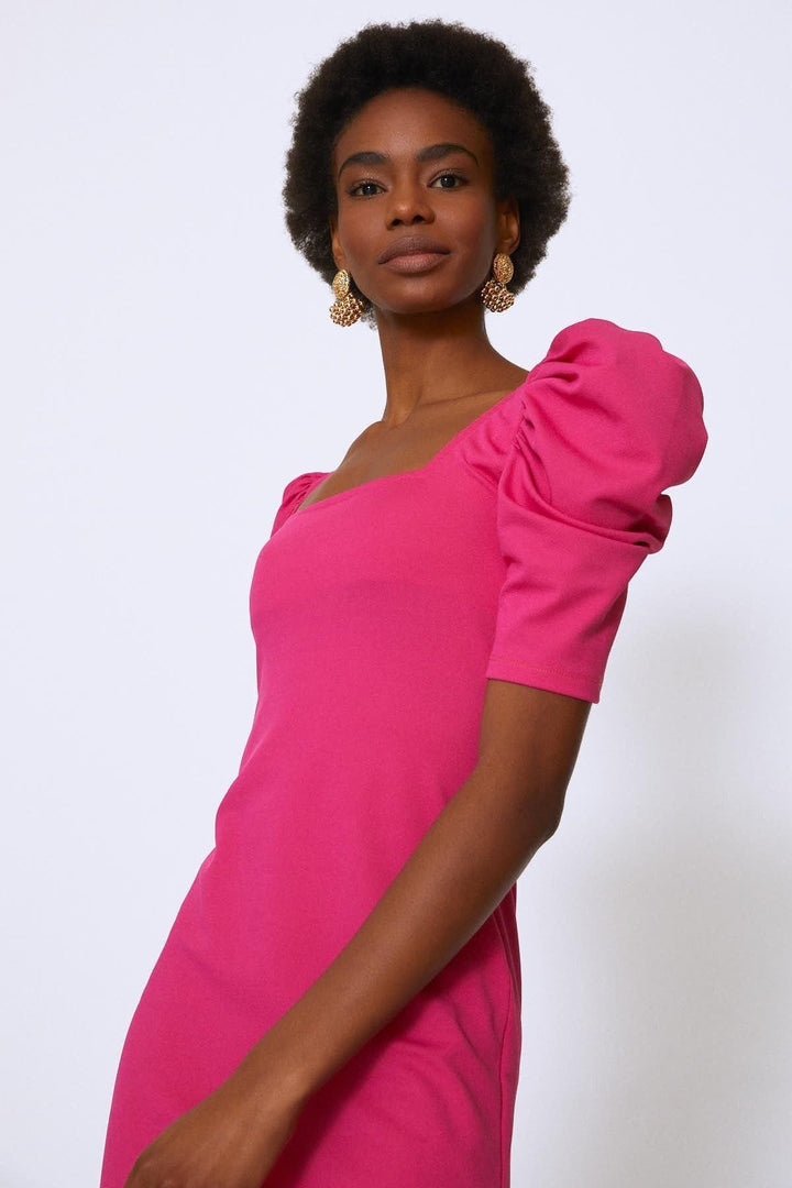 Karpuz Kol Kare Yaka Elbise Fuşya