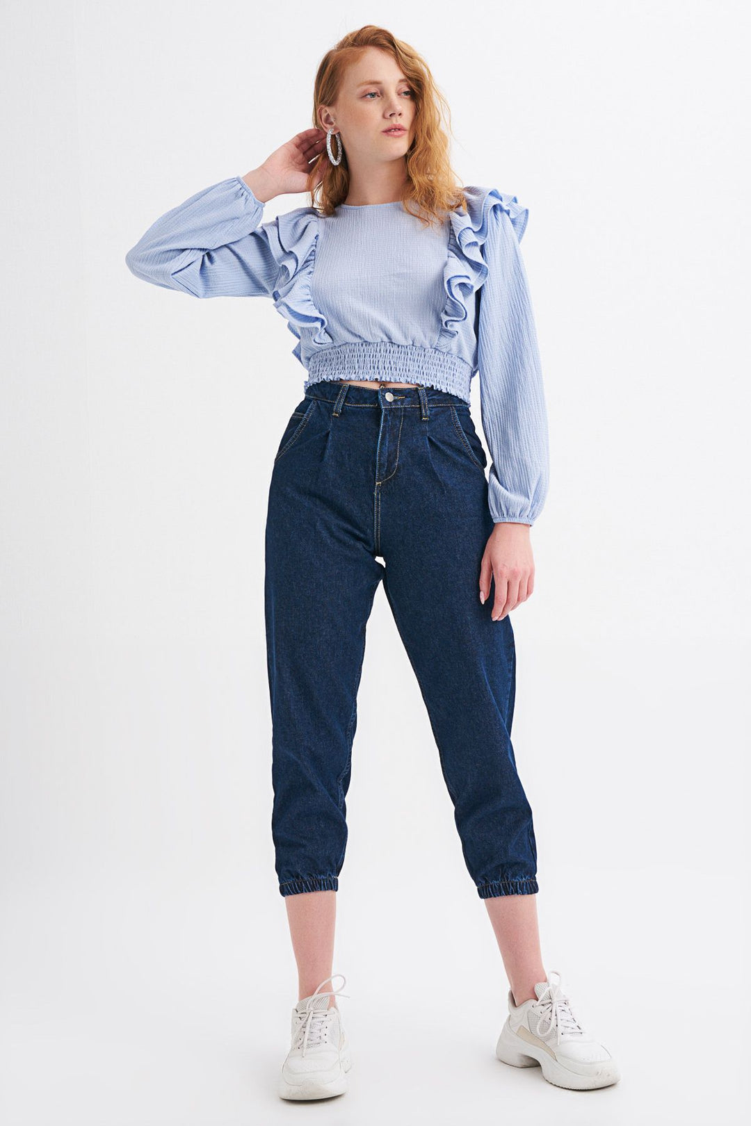 Ruffled Crop Blouse With Waist Gippe Blue