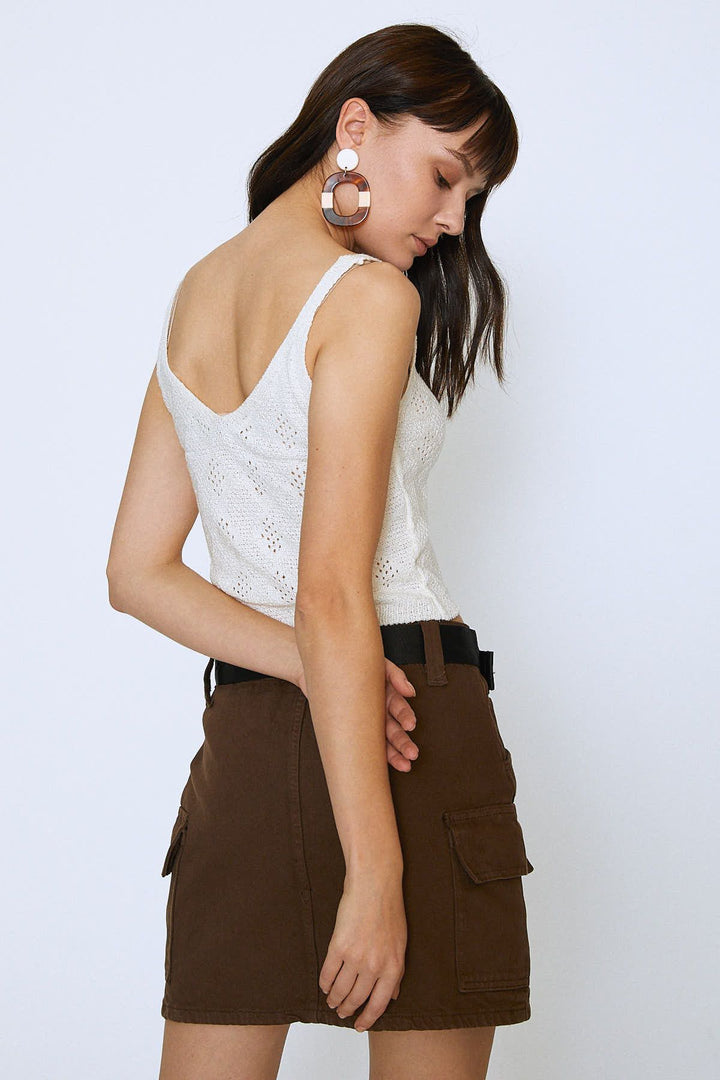 Kemerli Kargo Cepli Kot Etek Koyu Kahve