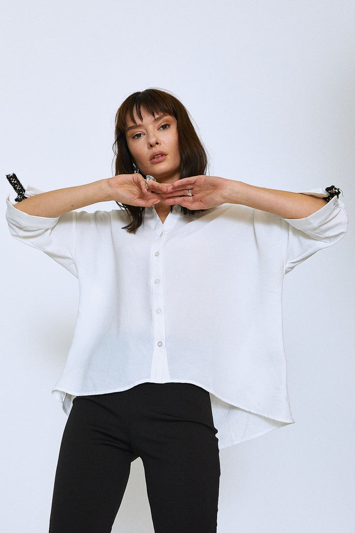 Striped Sleeves V-Neck Shirt Ecru