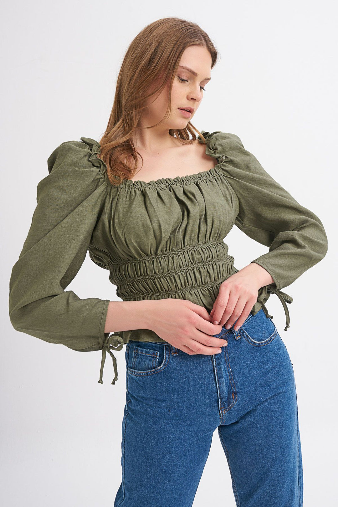 Watermelon Sleeve Square Collar Gipe Blouse Dark Khaki