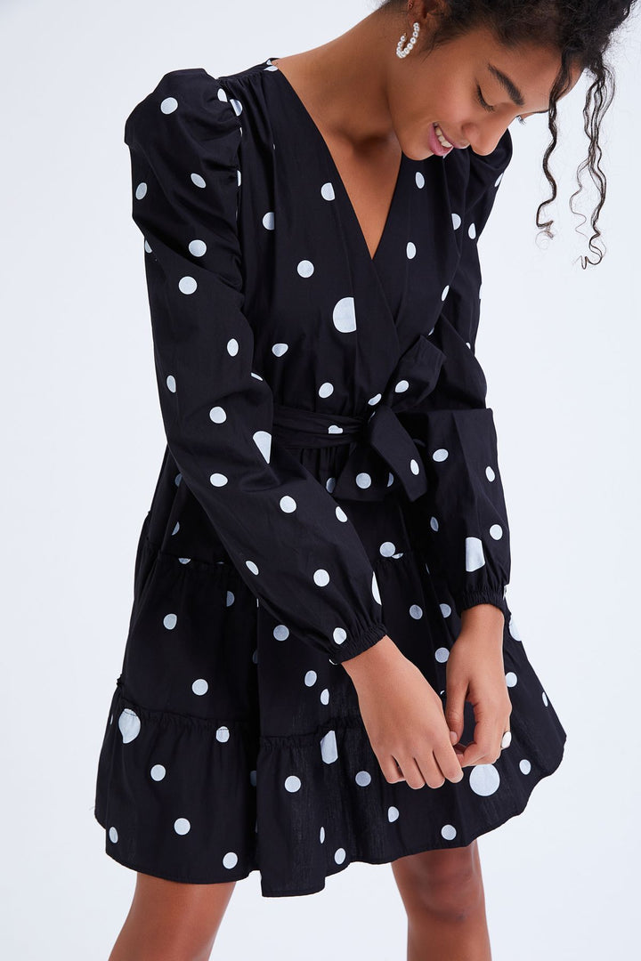 Belted Polka Dot Dress Black