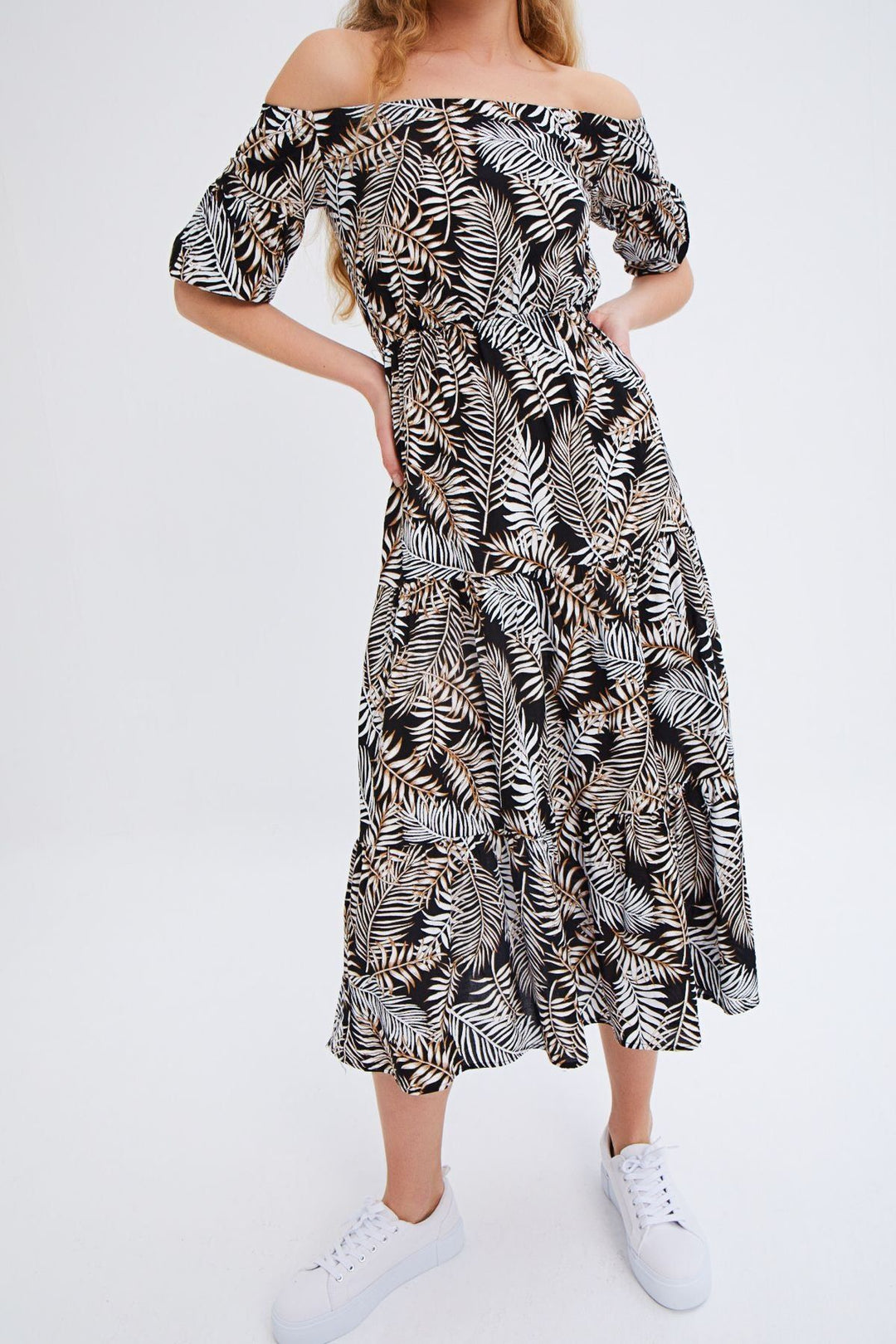 Patterned Off Shoulder Dress Black