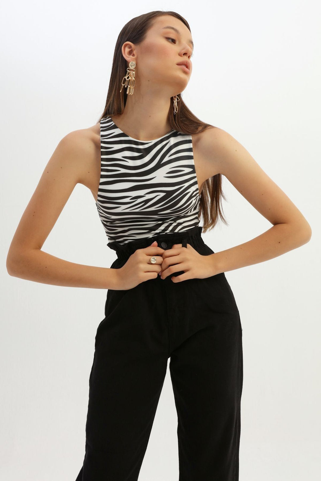 Zebra Desenli Halter Yaka Bodysuit Siyah