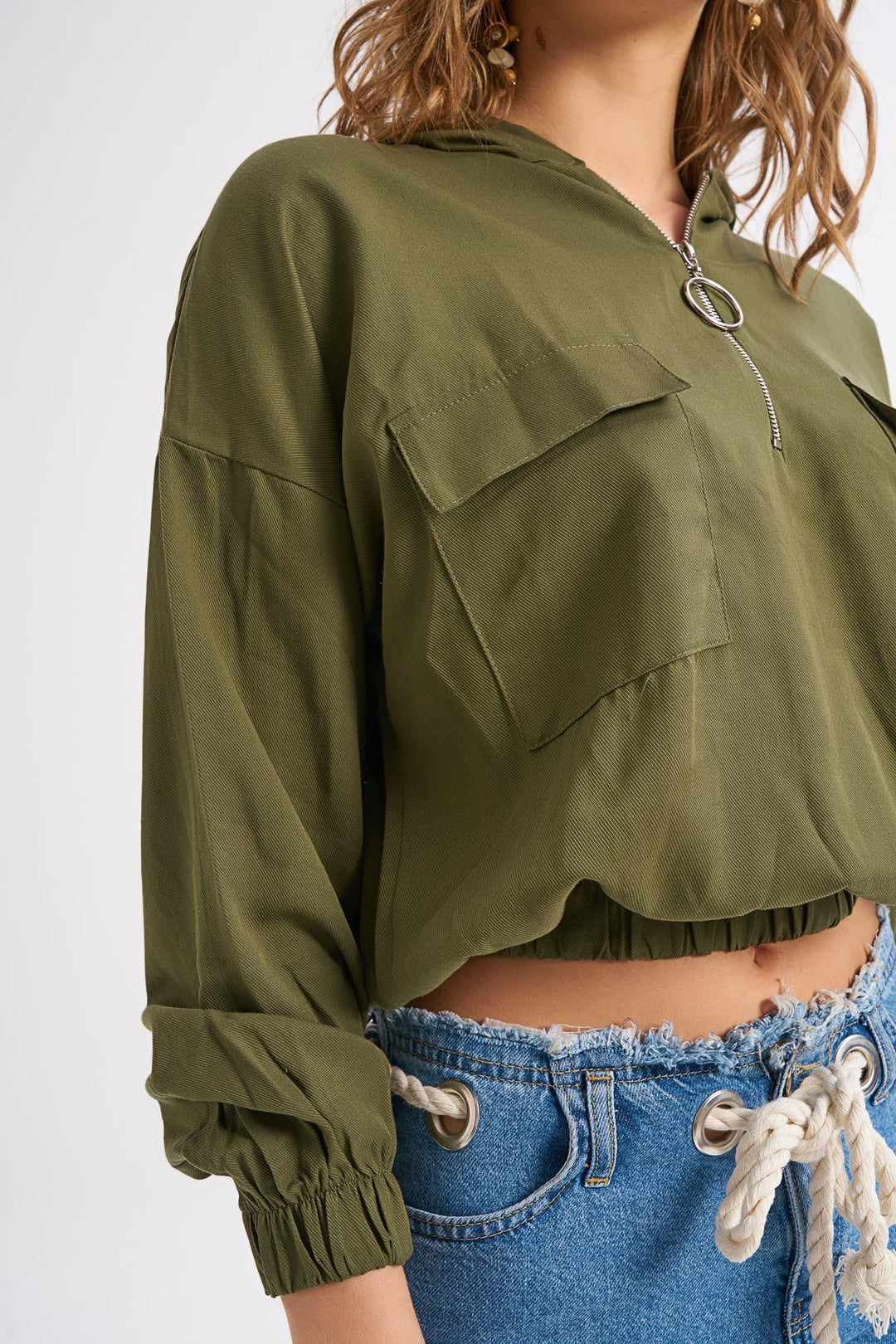 Back Printed Zipper and Pocket Detailed Blouse Khaki