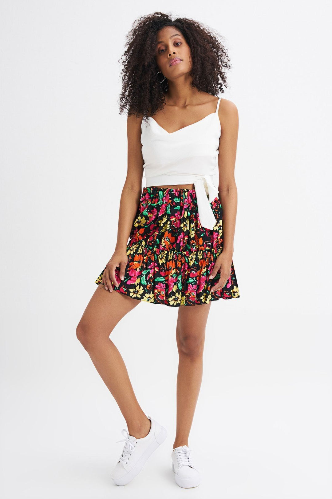 Floral Patterned Elastic Waist Skirt Fuchsia