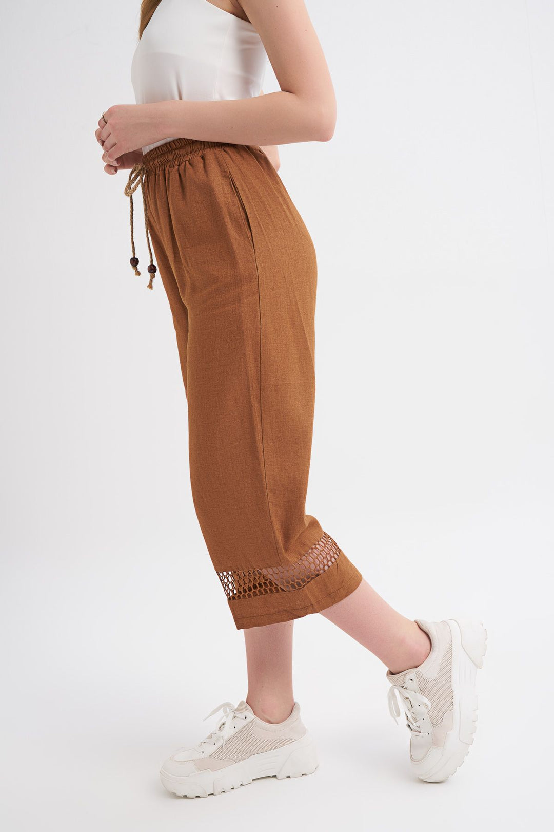 File Detaylı Keten Pantolon Kahverengi