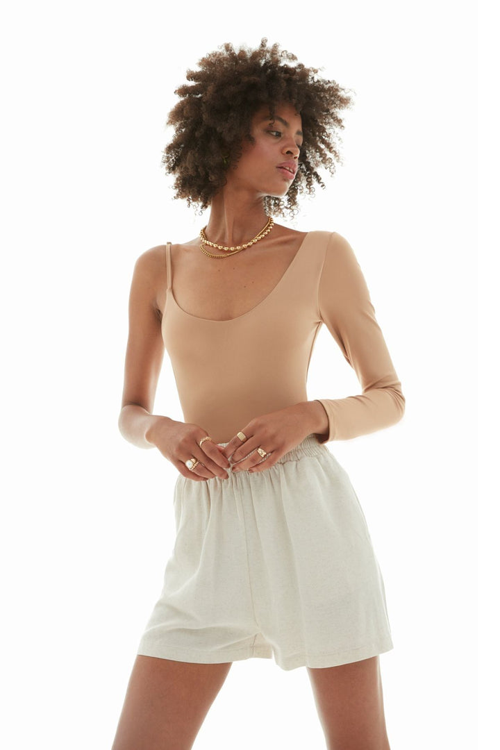 Asymmetrical Sleeve Bodysuit Camel
