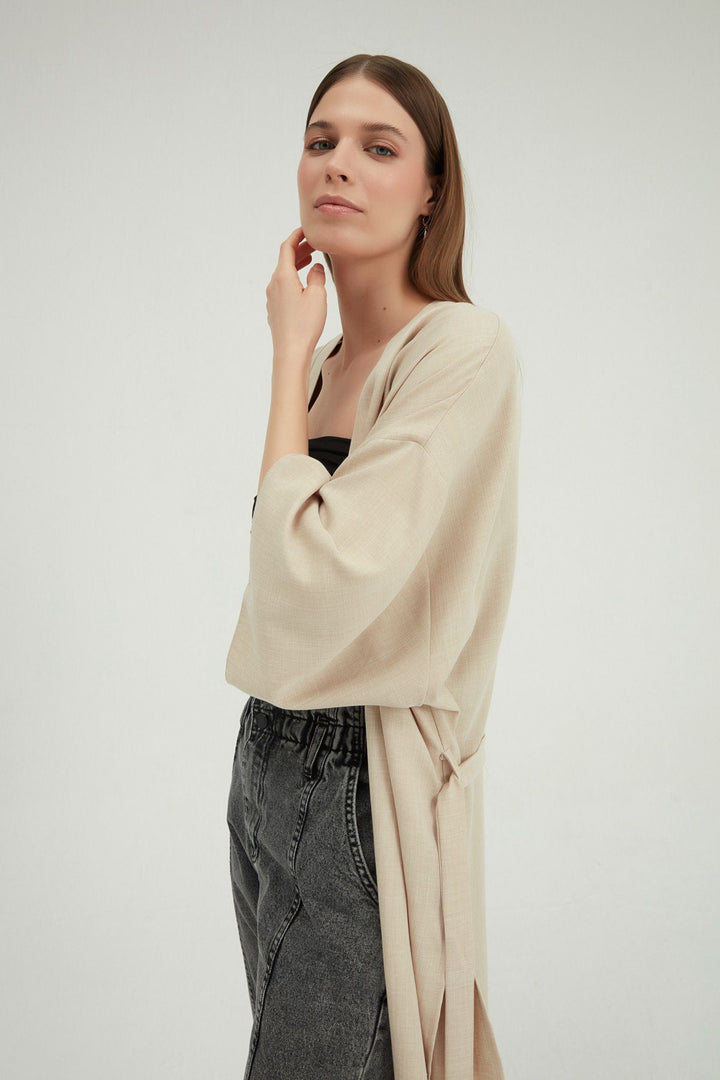 Three Quarter Sleeve Tie Kimono Beige