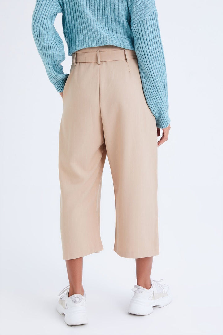 High Waist Belted Trousers Beige