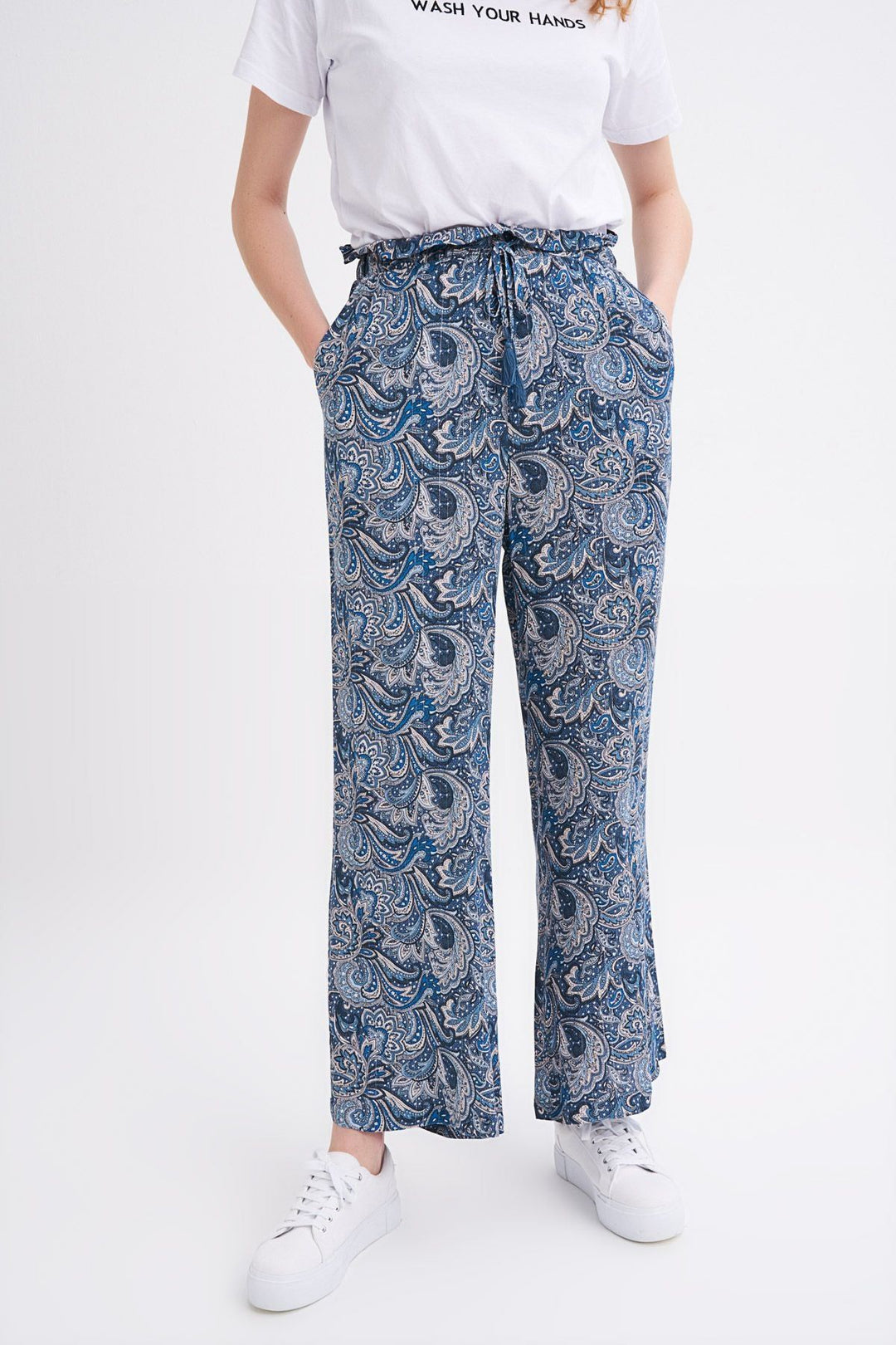Elastic Waist Wide Leg Trousers Indigo