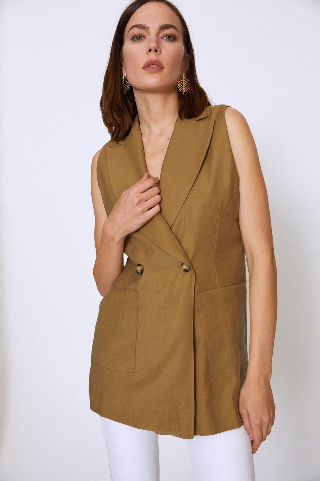 Double Breasted Pocket Sleeveless Jacket Khaki