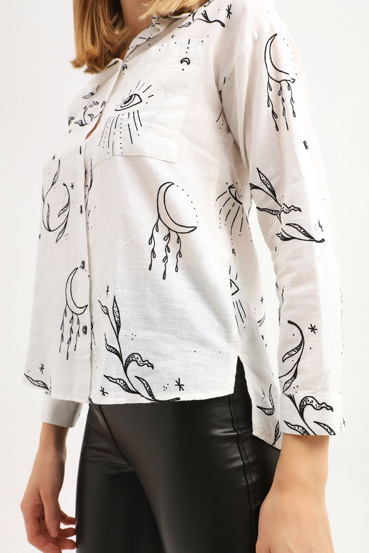 Desenli Tek Cepli Gömlek Ekru