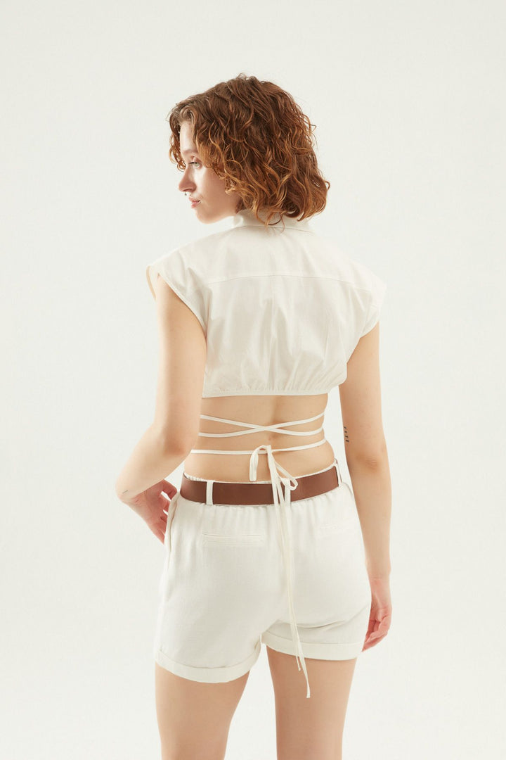 Bağlama Detaylı Düğmeli Crop Gömlek Beyaz