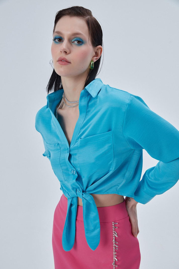 Tie Front Crop Shirt Blue
