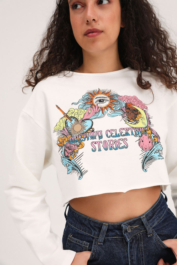 Printed Crop Sweatshirt White