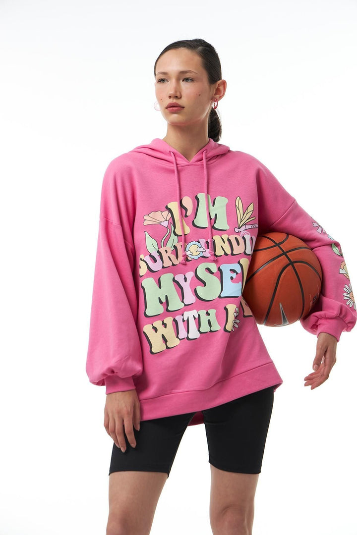 Yazı Baskılı Sweatshirt Pembe