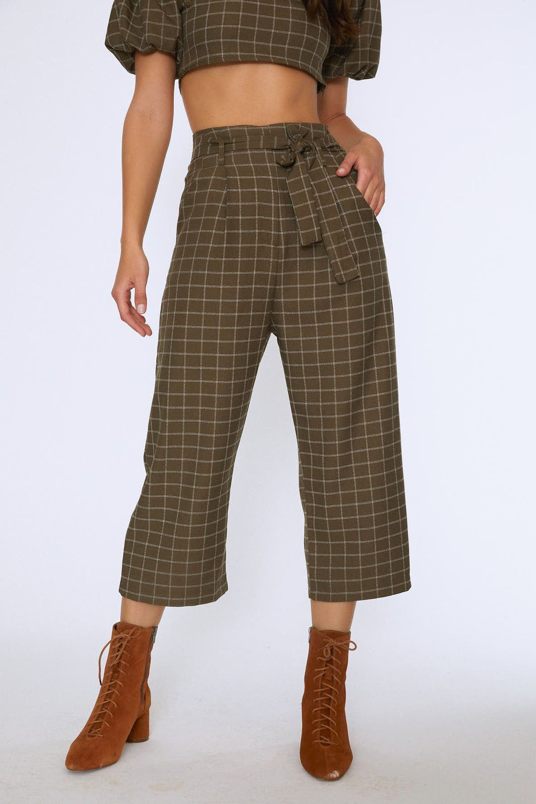 Waist Belted Wide Leg Trousers Khaki