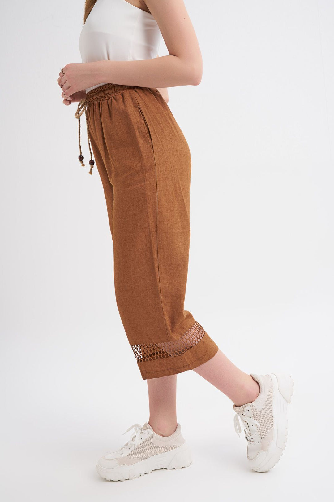 File Detaylı Keten Pantolon Kahverengi