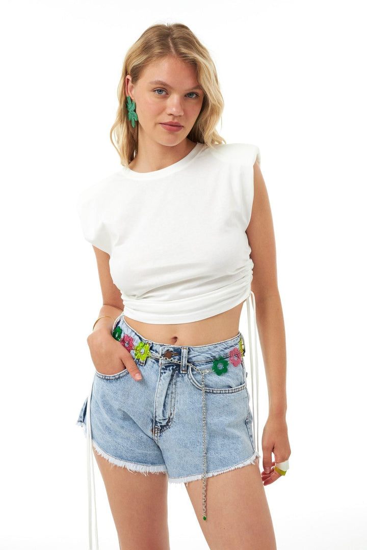 Vatkalı Büzgülü Tişört Ekru