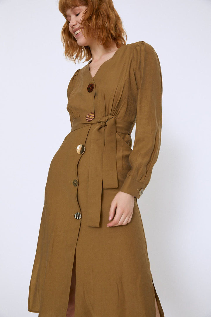 Button Front Belted Dress Khaki