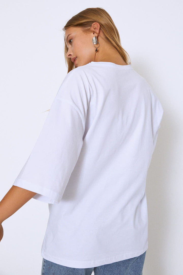 Oversize Baskılı Tişört Beyaz