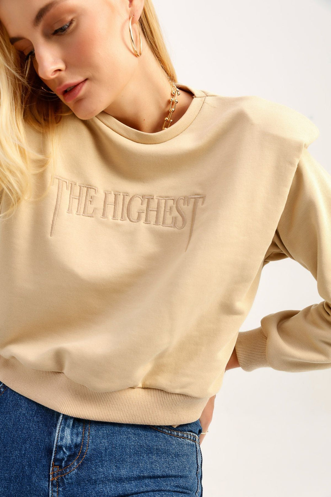 Padded Embroidered Sweatshirt Dark Beige