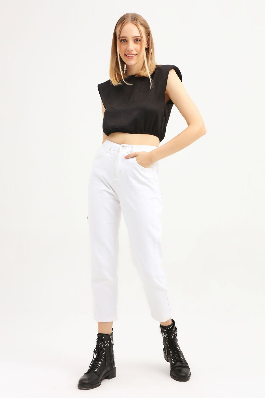 Waistband Crop Blouse Black