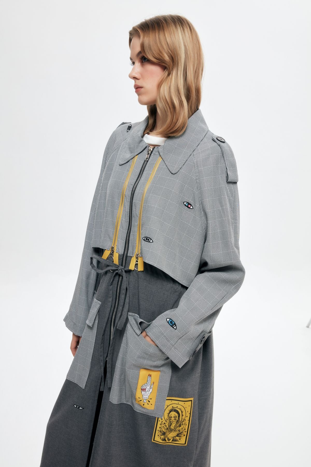 Zipper Detailed Colorful Patterned Trench Coat Gray