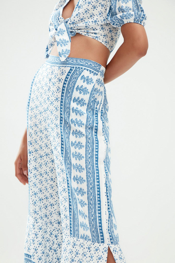 Patterned Slit Wide Leg Trousers Blue