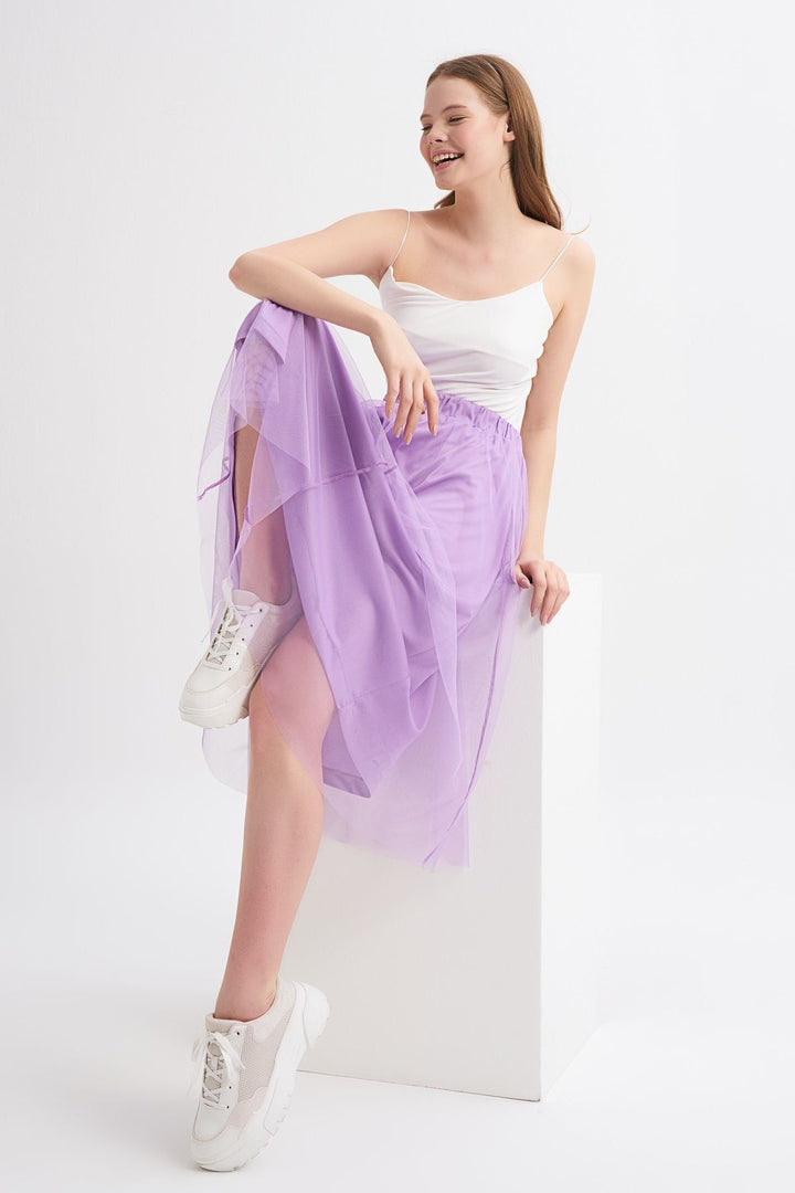 Piliseli Tül Detaylı Midi Etek Lila