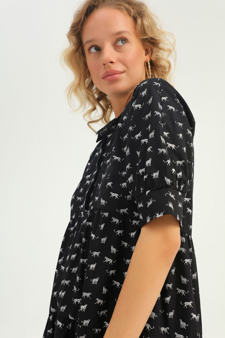 Patterned Shirt Collar Dress Black