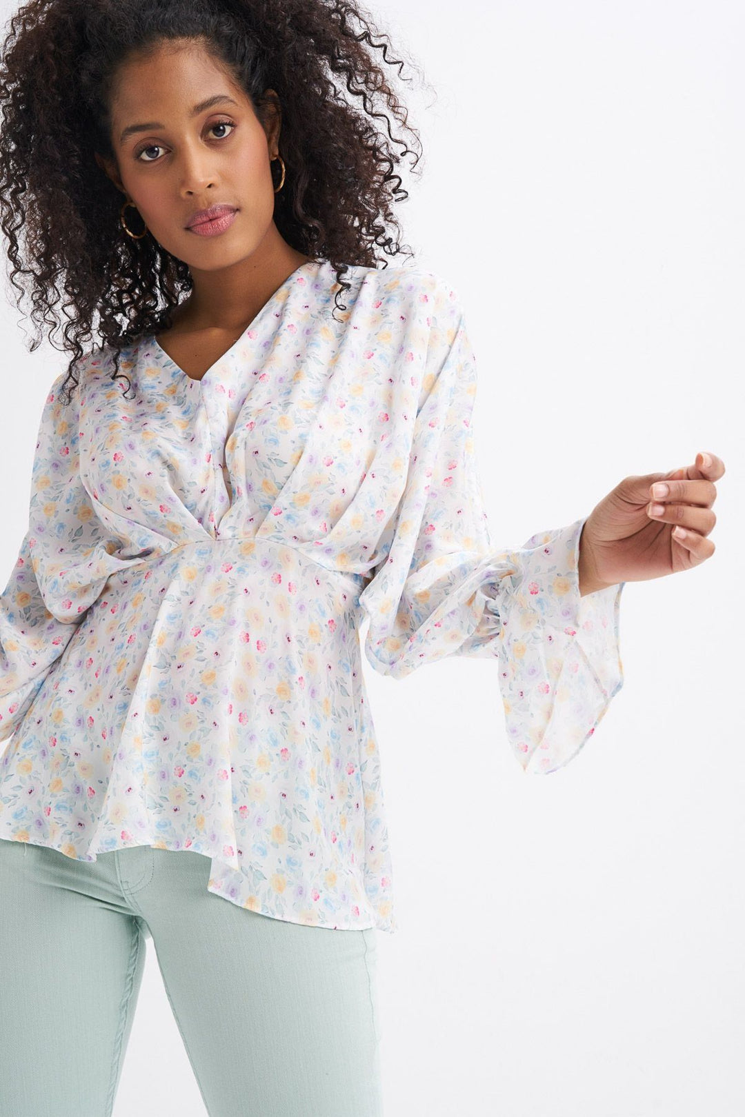 V-Neck Blouse Ecru with Pleated Sleeves