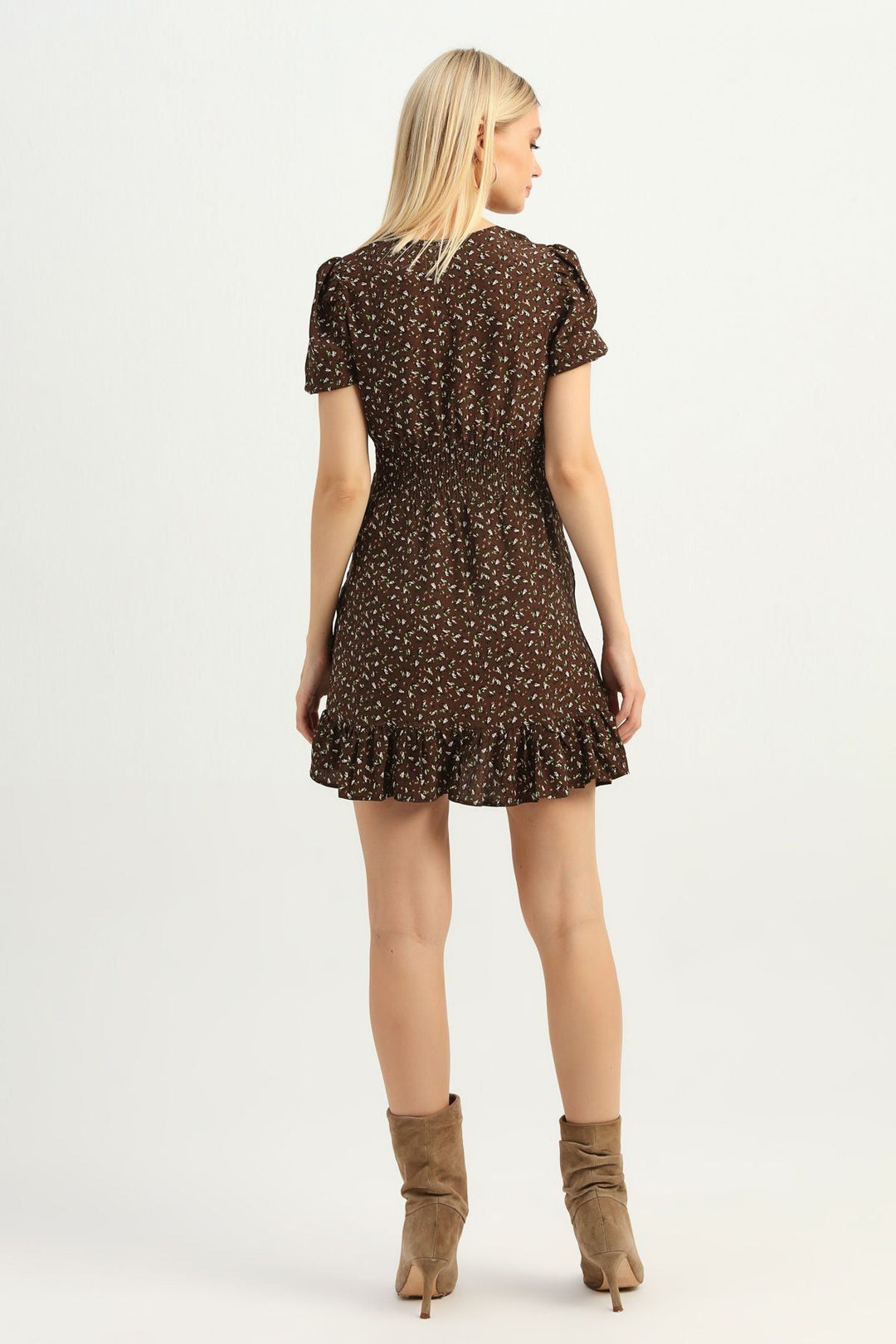 Patterned V-Neck Frilly Dress Brown