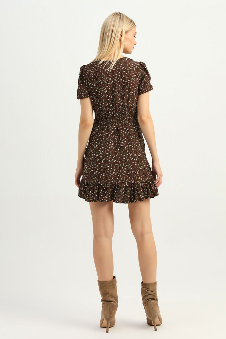 Patterned V-Neck Frilly Dress Brown
