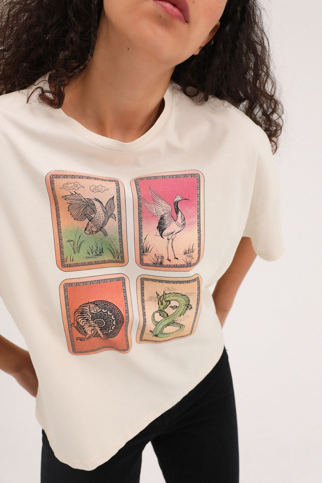 Baskılı Crop Tişört Bej