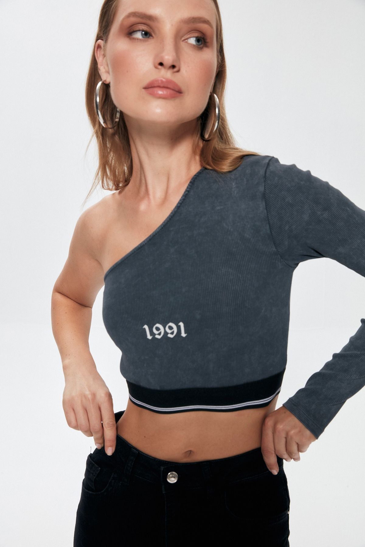 One Shoulder Crop Blouse with Elastic Waist Anthracite