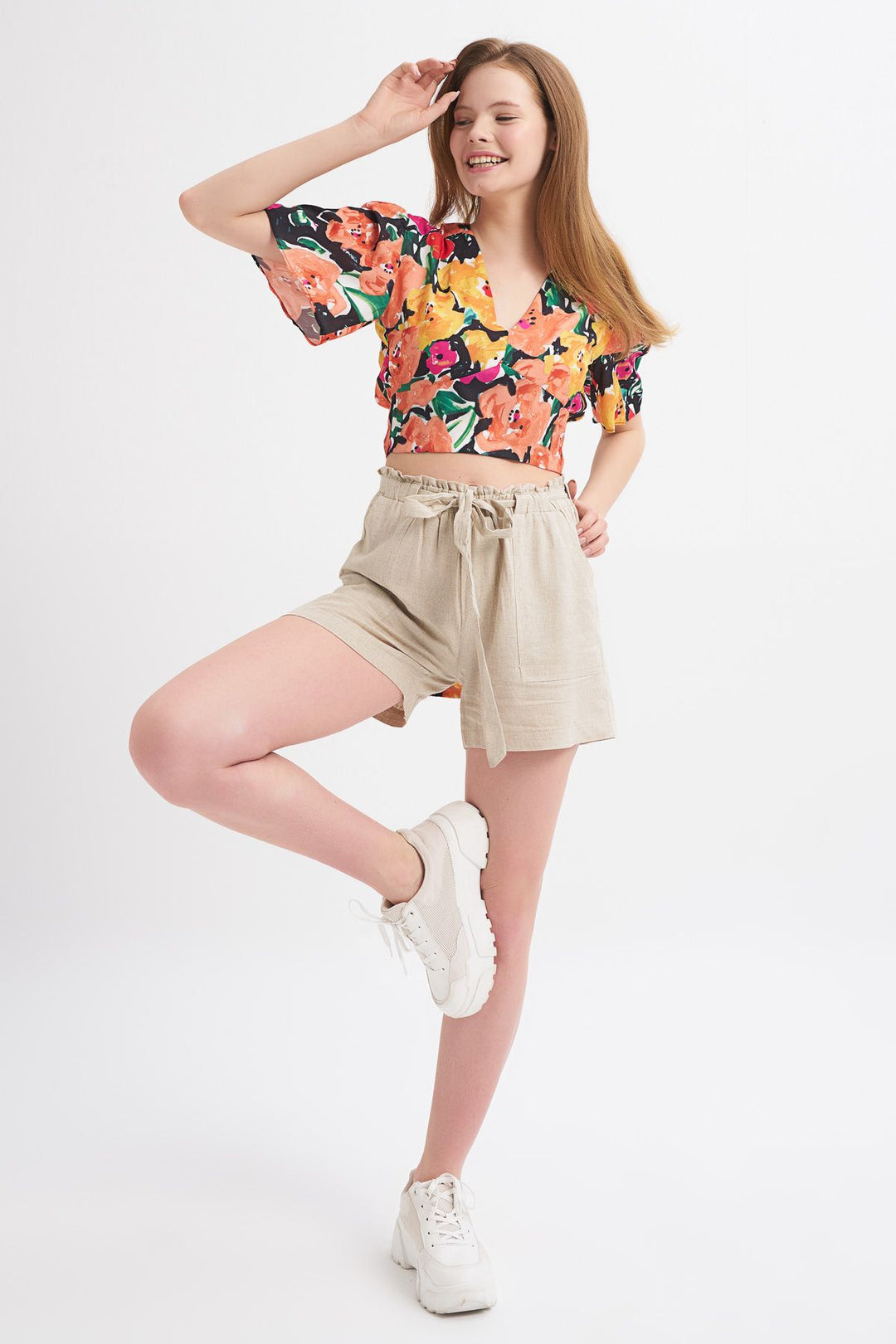 Patterned Tie Back Flywheel Sleeve Blouse Orange