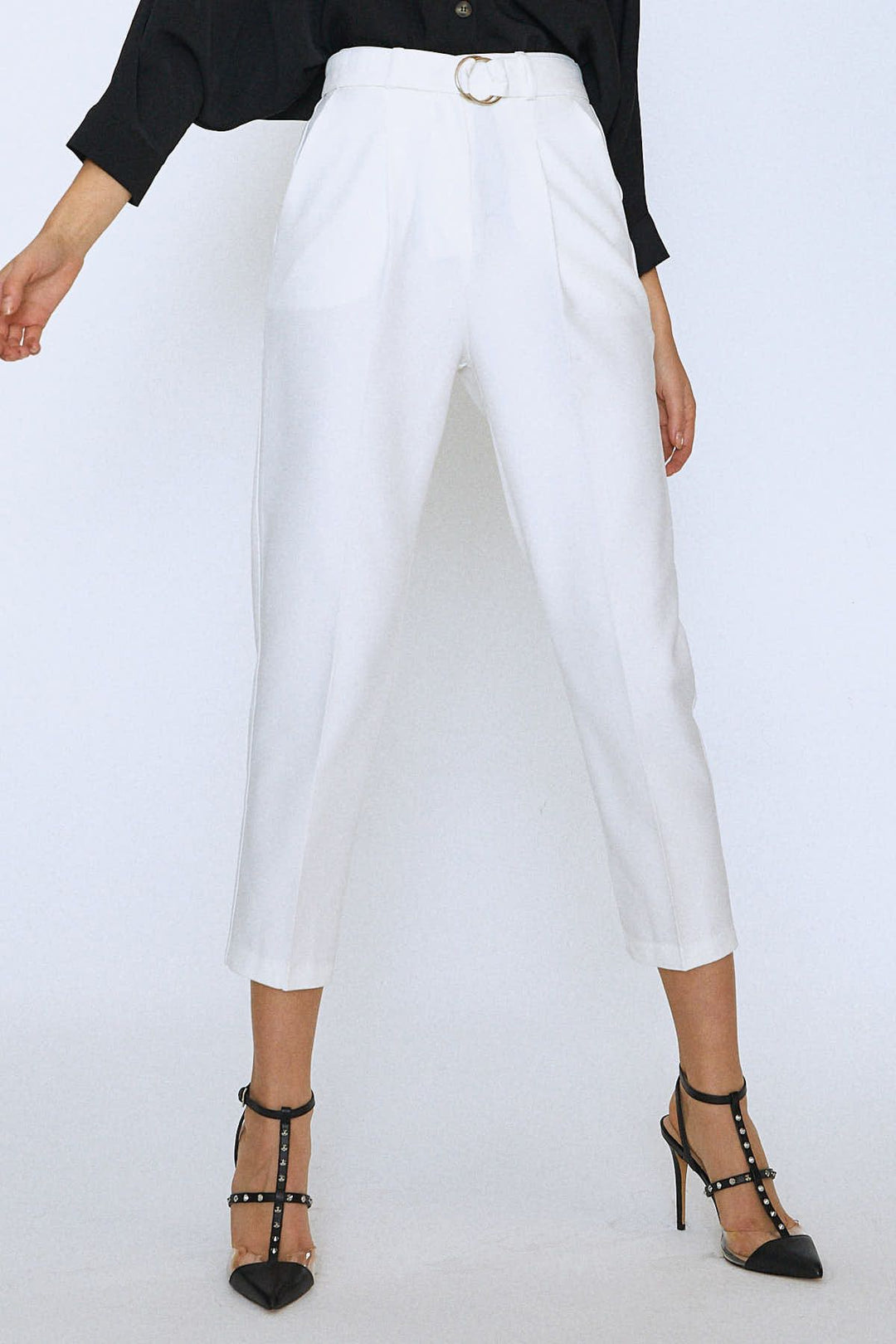 Waist Belted Fabric Trousers Ecru