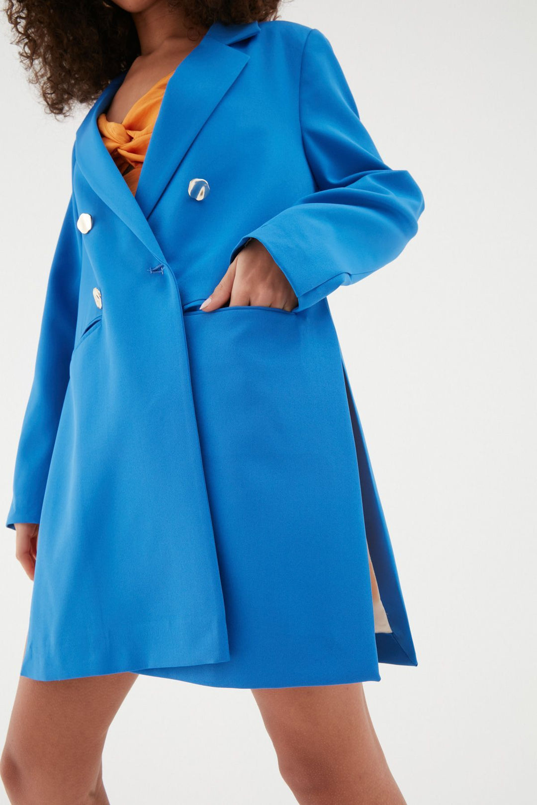 Yanı Yırtmaçlı Uzun Blazer Ceket Sax