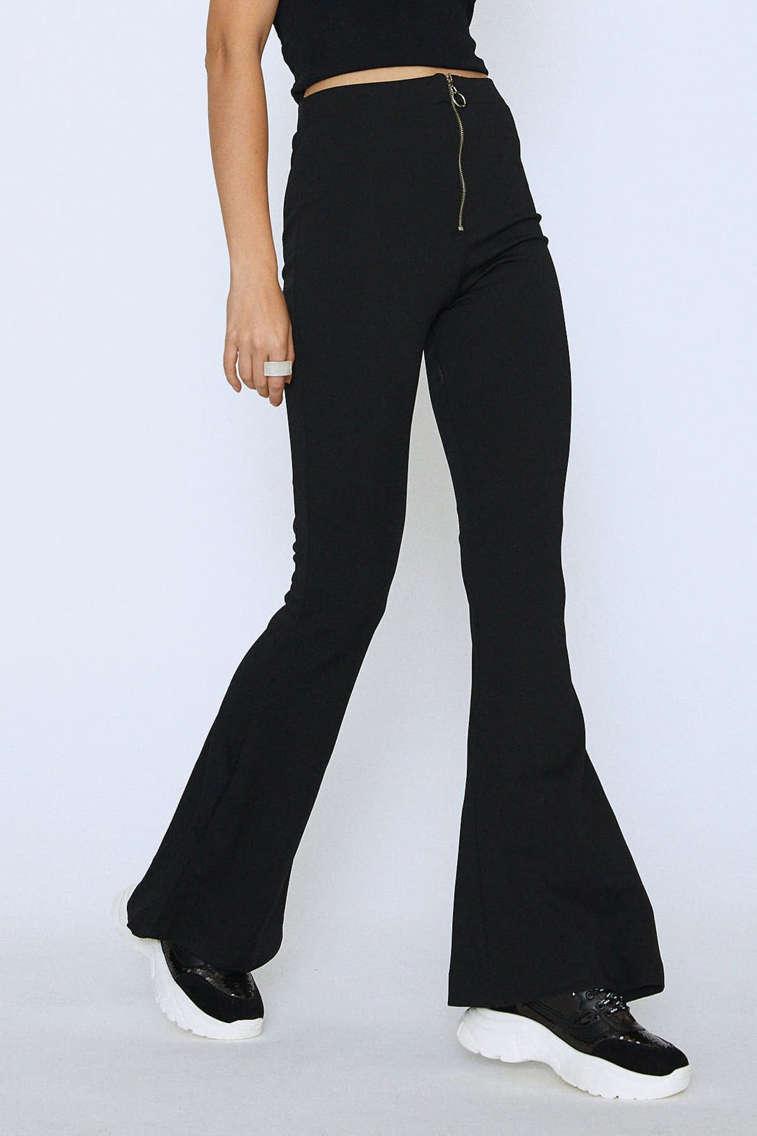 Spanish Leg High Waist Zippered Trousers Black
