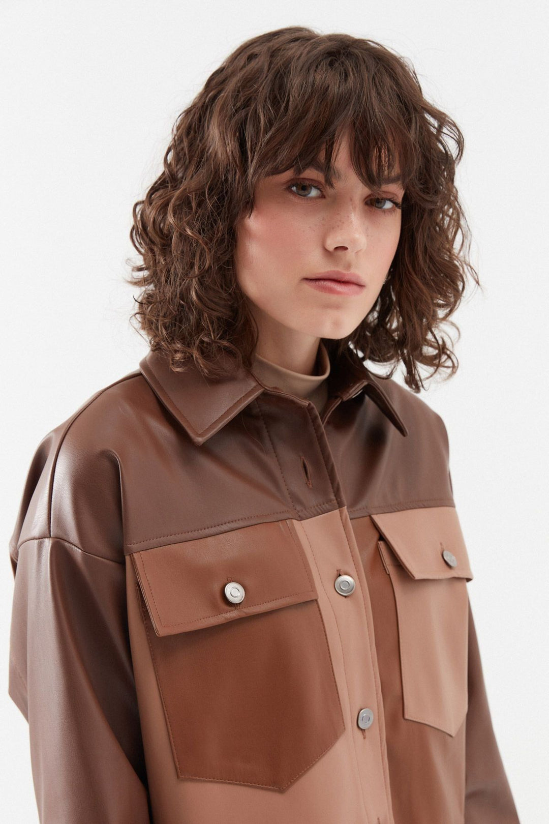 Bloklu Deri Gömlek Koyu Kahve