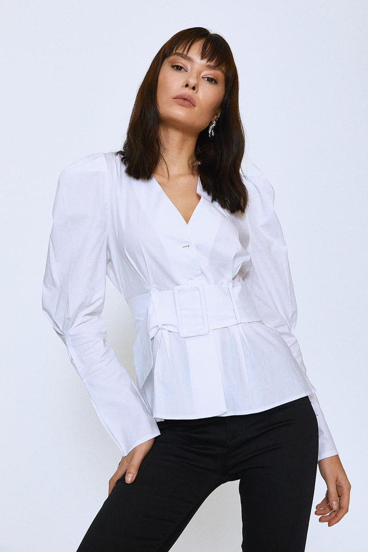 V-Neck Blouse White with Belt Button at Waist