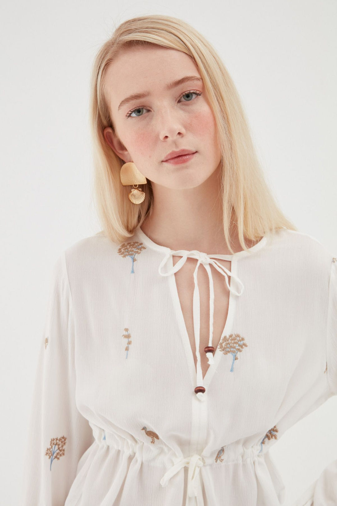 Patterned V-Neck Blouse White