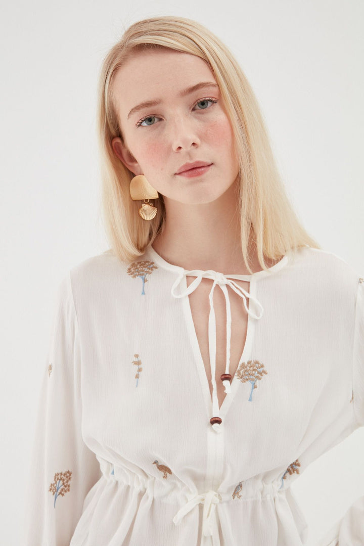 Patterned V-Neck Blouse White