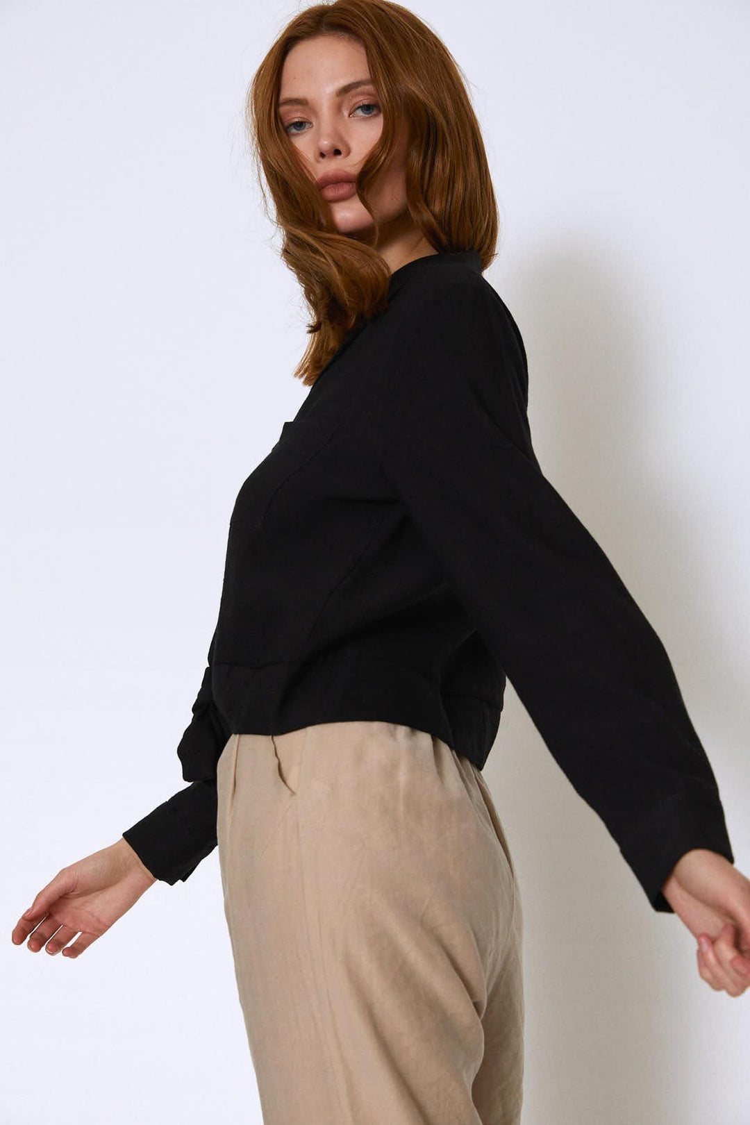 Tie Waist Pocket Long Sleeve Shirt Black