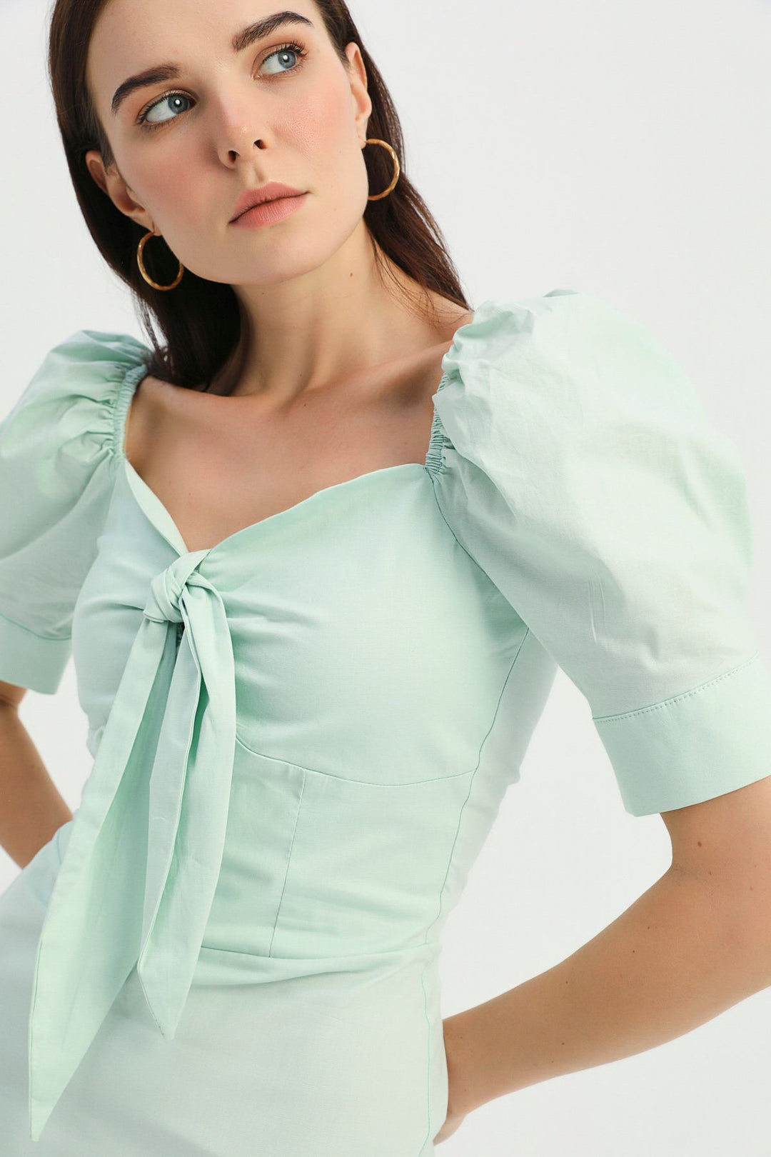 Tie Detailed Balloon Sleeve Dress Mint