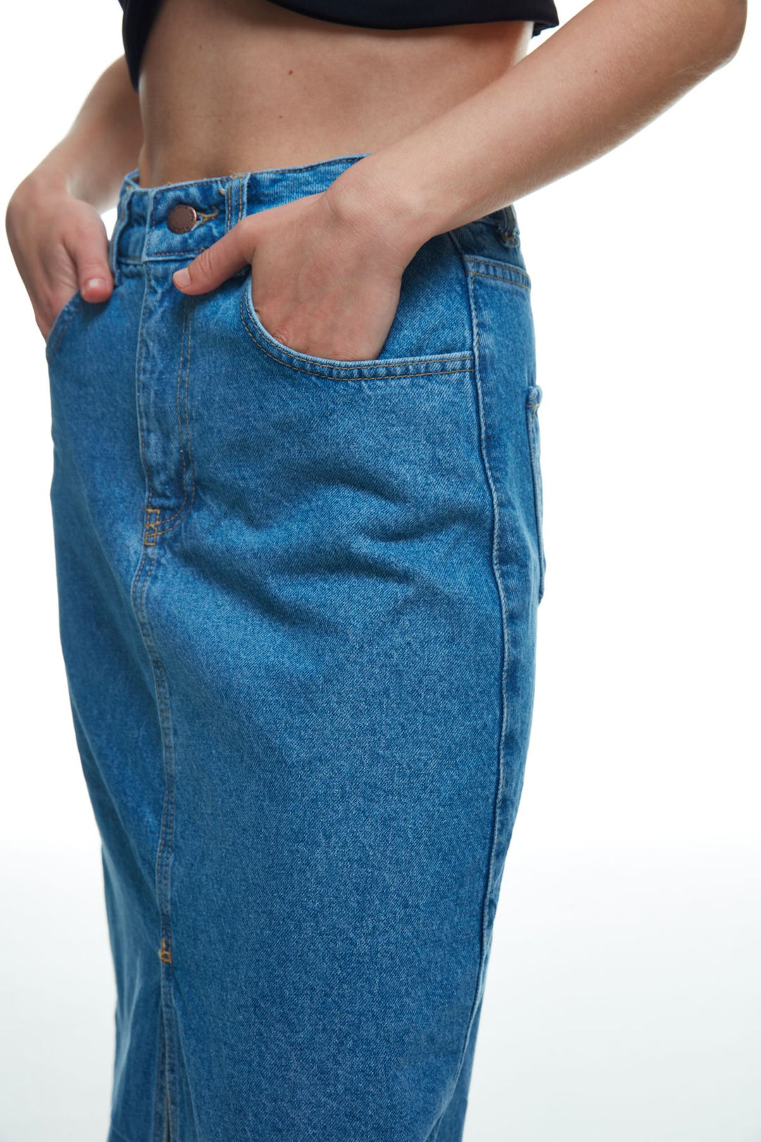 Önden Yırtmaçlı Midi Boy Kot Etek Mavi